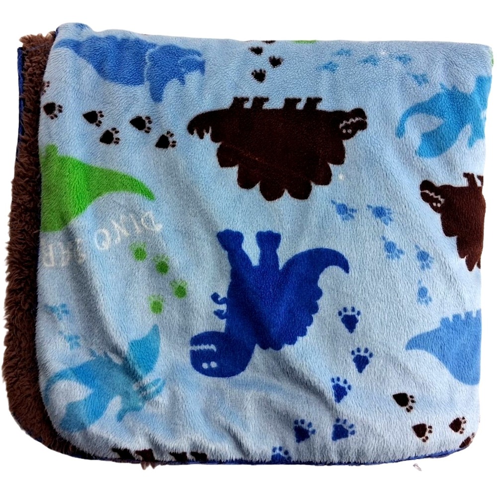 SL Home Fashions RN 119741 Blue Dino Party Dinosaur Baby Blanket‎ Brown Sherpa